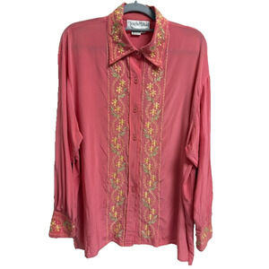 Vintage Diane Von Furstenberg Pink Embroidered Floral Silk Button Down Womens L